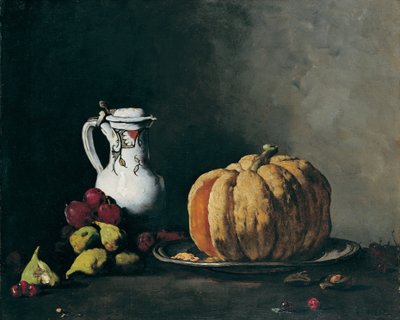 Naturaleza muerta con calabaza, ciruelas, cerezas, higos y jarra de Auguste Theodule Ribot